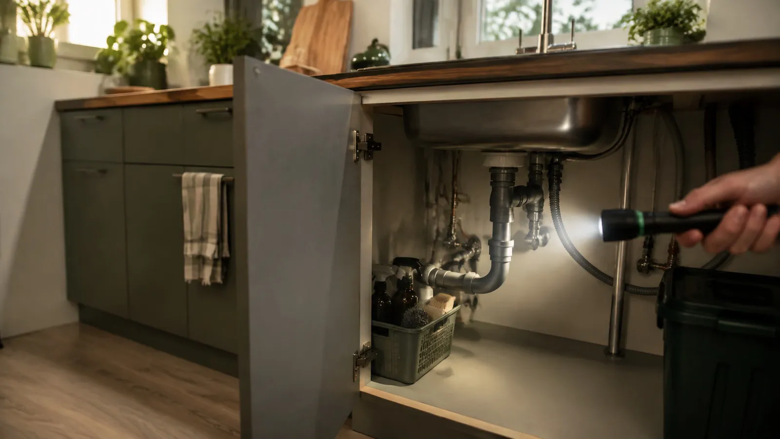 Inspectie met een zaklamp onder een gootsteenkast waar kakkerlakken zich kunnen verstoppen